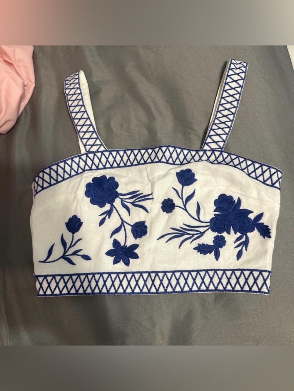 Francesca's Collections White Crop Top with Navy Floral Embroidery
